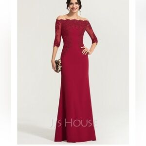 NWT JJs House Off-Shoulder Lace column formal gown burgundy size 12